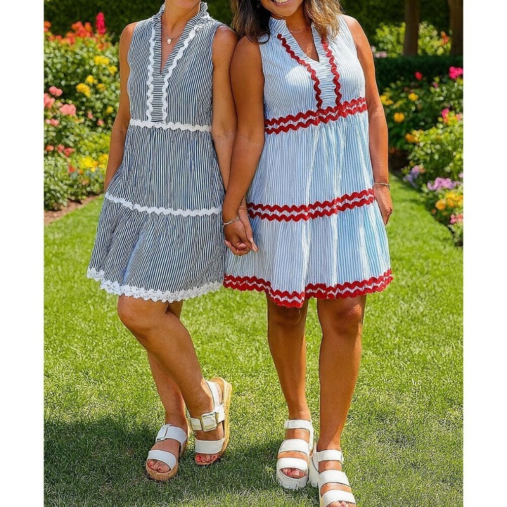 Women's Cotton Striped Ruffled Sleeveless A-Line Dress Medium - Picture 3 of 5